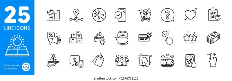 Outline icons set. Sun cream, Bus travel and Flight mode icons. Recovery hdd, Station, Sun energy web elements. Head, Group, Touchscreen gesture signs. Loan, Growth chart, Usd currency. Vector