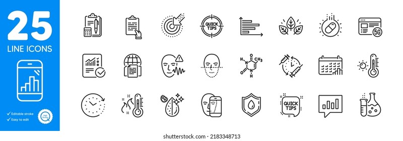 Conjunto de iconos de esquema. Cambio de hora, píldora de la cápsula e iconos de documentos de Internet. Consejos rápidos, chat analítico, elementos web del Portapapeles. Reconocimiento facial, Termómetro alto, Signos contables. Vector
