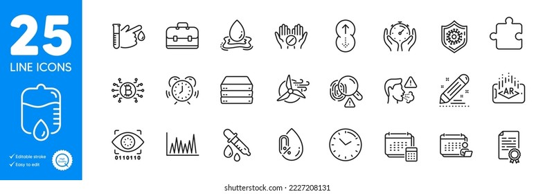 Outline icons set. Time management, Accounting and Augmented reality icons. No alcohol, Servers, Line graph web elements. Account, Fingerprint, Bitcoin system signs. Brand contract. Vector