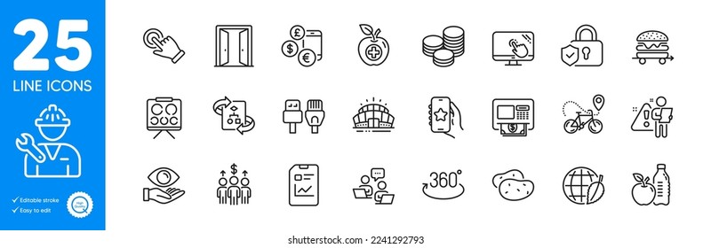 Outline icons set. Tips, Food delivery and Full rotation icons. Arena stadium, Touch screen, Technical algorithm web elements. Open door, Atm, Favorite app signs. Health eye. Outline tips icon. Vector