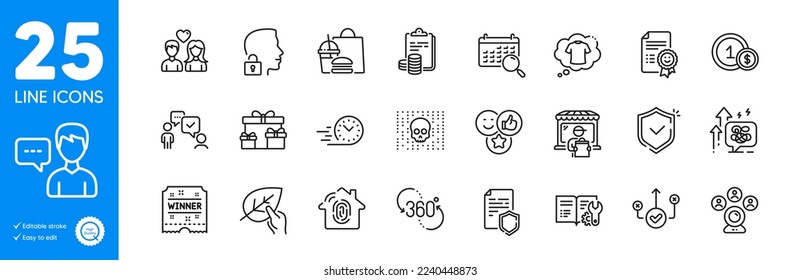 Outline icons set. Unlock system, Usd coins and Fingerprint access icons. Consulting business, Data security, Stress grows web elements. Delivery market, Like, Surprise boxes signs. Vector