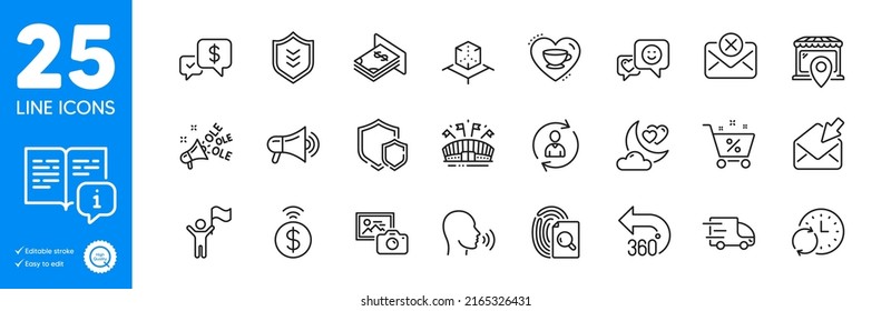 Outline icons set. Update time, Manual and Photo camera icons. Leadership, Loan percent, Shield web elements. Shields, 360 degrees, Truck delivery signs. Open mail, Person info. Vector