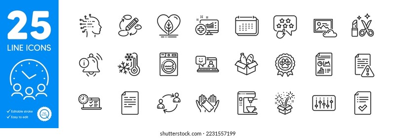 Outline icons set. User communication, Smile and Ranking star icons. Medical analytics, Keywords, Coffee maker web elements. Laundry, Information bell, Fireworks signs. Freezing. Vector