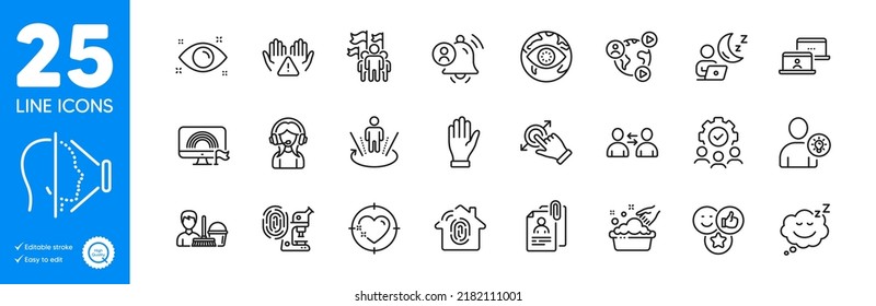 Outline icons set. Video conference, Interview documents and Leadership icons. Heart target, Teamwork, Health eye web elements. User notification, Communication, Hand signs. Shift. Vector