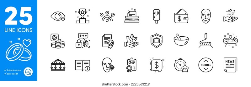 Outline icons set. Vip timer, Ice cream and Typewriter icons. Making money, Paint roller, Face biometrics web elements. Recruitment, Inspect, Payment message signs. Winner cup, Wallet. Vector