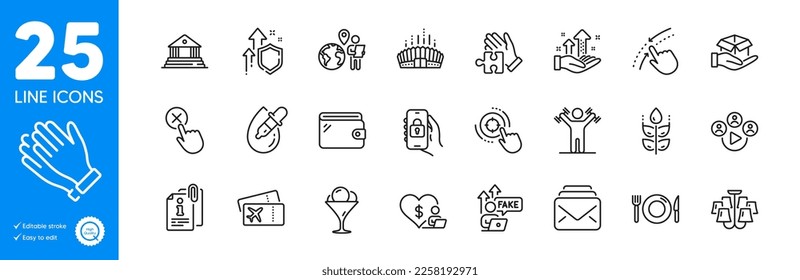 Outline icons set. Wallet, Improving safety and Gluten free icons. Boarding pass, Reject click, Fake internet web elements. Ice cream, Chandelier, Mail signs. Food, Clapping hands. Vector