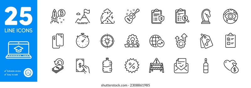 Conjunto de iconos de esquema. Carretera de advertencia, estrategia de marketing e iconos del engranaje de Seo. Proyecto Bitcoin, Política de privacidad, Elementos web de correo aprobado. Bandera de montaña, etiquetas de mascota, señales de Smartphone. Vector