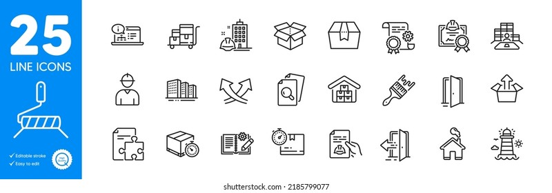 Outline icons set. Wholesale goods, Package box and Construction document icons. Open door, Lighthouse, Inventory cart web elements. Delivery timer, Online documentation, Strategy signs. Vector