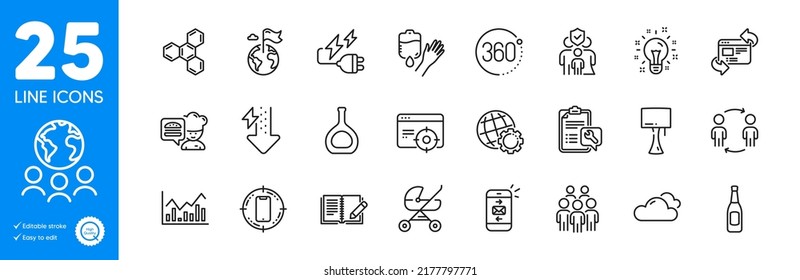 Conjunto de iconos de esquema. Iconos de flujo de trabajo, globo e Idea. Correo, fórmula química, elementos web del indicador de destino. Cerveza, clima nublado, carteles de Infochart. Comentarios, Chef, Sangre. 360 grados. Vector