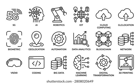 Outline icons showcase future tech concepts including 5g internet of things blockchain data analytics and machine learning illustrating advancements in various industries and emphasizing digital transformation and modern innovation trends.