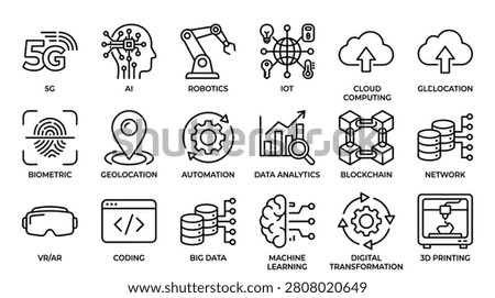 Outline icons showcase future tech concepts including 5g internet of things blockchain data analytics and machine learning illustrating advancements in various industries and emphasizing digital transformation and modern innovation trends.