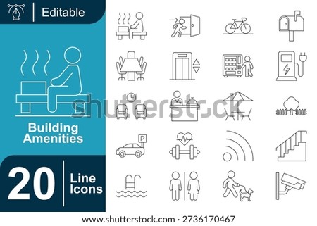 outline icons showing common building amenities such as elevators, parking, Wi-Fi, security, reception, fitness areas, and accessibility features, optimized for maps, guides, and property listings.