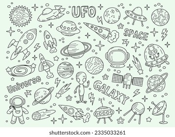 Outline icons with space. Monochrome retro print with ufo elements and space ships, planets and comets, aliens and astronaut. Astronomy, stars and universe concept. Linear flat vector collection