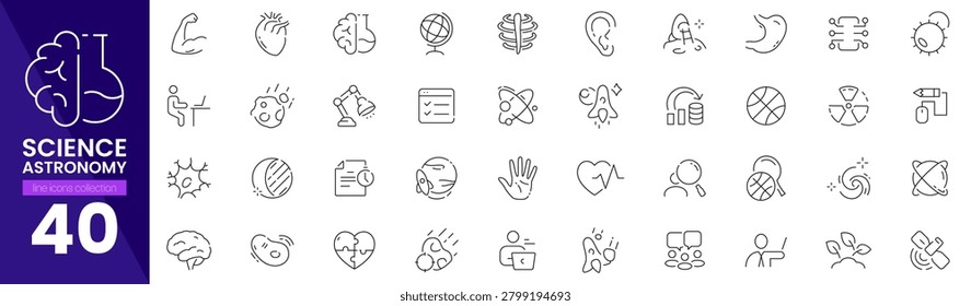 Outline icons for space science planetary research medical anatomy biology study and laboratory gear.