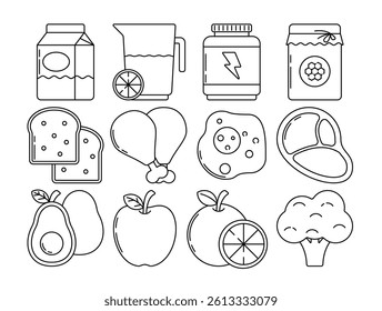 Outline icons of sport nutrition food including milk, juice, supplements, bread, eggs, meat, fruits, and veggies, great for diet plans, health apps, and food infographics.