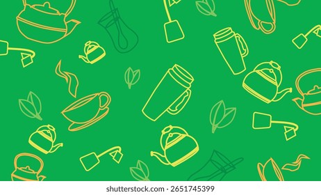 Contorno ícones de canecas de chá vapor e bules com folhas verdes macias em um fundo verde vívido. Relaxante, conceito de bebida natural.