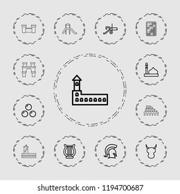 outline icons such as castle, mosque, helmet, harp, knight, canon ball, cannon, coliseum. editable ancient icons for web and mobile.