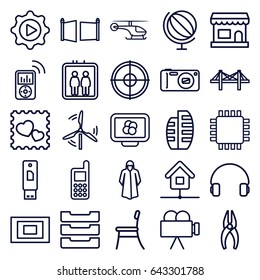 outline icons such as elevator, overcoat, phone, nippers, bridge, photo with heart, headset, play in gear, table box, camera, photo