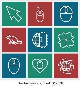 outline icons such as mouse, pointer, cpu in heart, cpu planet