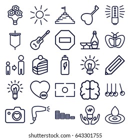outline icons such as pencil, butterfly, water drop, hair dryer, sun, champagne and wine glasses, equalizer, brain, son and father