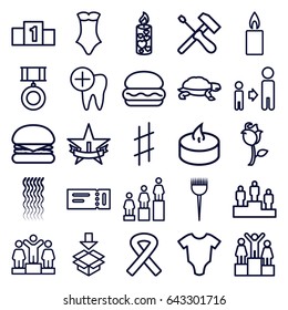 outline icons such as ticket, turtle, baby onesie, barber brush, curly hair, swimsuit, ranking, son and father, box, rose, candle, dental care