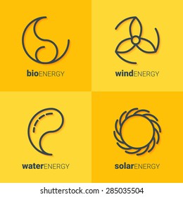 Outline icons of sun, drop, wind power station and leaf as logo with copyspace on yellow background. Idea of eco-friendly source of energy. Renewable energy concept. Alternative energy logo. Eco logo