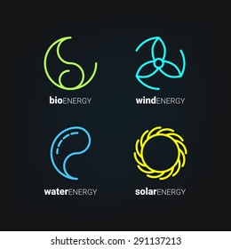 Outline icons of sun, drop, wind power station and leaf as logo with copyspace. Idea of eco-friendly source of energy. Renewable energy concept. Alternative energy logo. Eco logo. Green energy logo