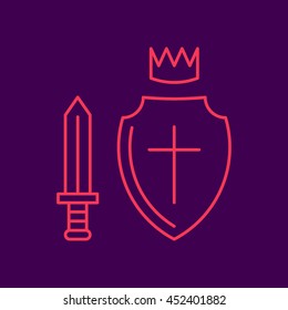 Outline icons: sword, shield, crown, cross. Vector flat design on dark background. For theme about middle ages.
