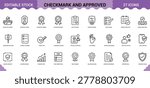 Outline icons for task completion validated documents guarantee badges and official compliance symbols.