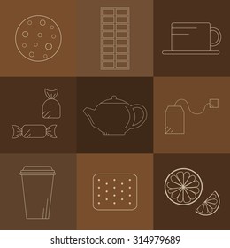 Outline icons for tea time in linear style.