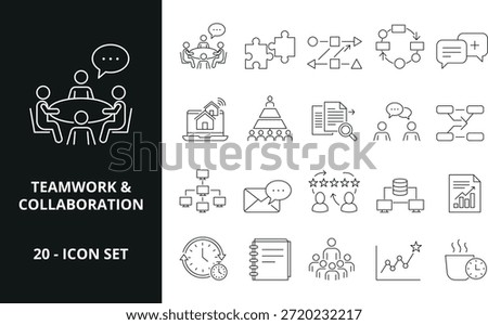 Outline icons for teamwork and collaboration featuring business process and communication