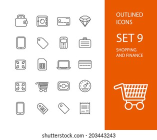 Outline icons thin flat design, modern line stroke style, web and mobile design element, objects and vector illustration icons set 9 - shopping and finance collection