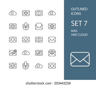 Outline icons thin flat design, modern line stroke style, web and mobile design element, objects and vector illustration icons set 7 - mail and cloud collection