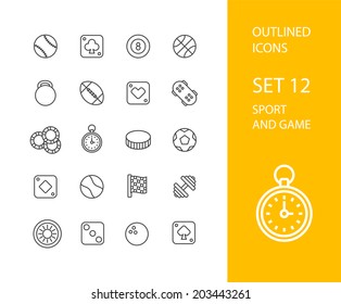 Outline icons thin flat design, modern line stroke style, web and mobile design element, objects and vector illustration icons set 12 - sport and game collection