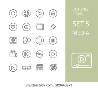 Outline icons thin flat design, modern line stroke style, web and mobile design element, objects and vector illustration icons set 5 - media collection