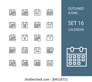 Iconos de esquema diseño plano delgado, estilo de trazo de línea moderno, elemento de diseño web y móvil, objetos e iconos de ilustración vectorial conjunto 16 - colección de calendario