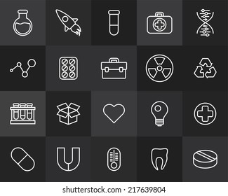 Outline icons thin flat design, modern line stroke style, web and mobile design element, objects and vector illustration icons set15 - science and medicine collection