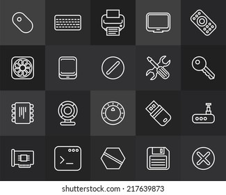 Outline icons thin flat design, modern line stroke style, web and mobile design element, objects and vector illustration icons set 13 - computer collection