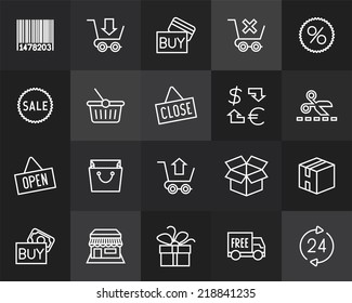 Outline icons thin flat design, modern line stroke style, web and mobile design element, objects and vector illustration icons set 20 - sales and retail collection