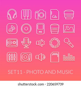 Outline icons thin flat design, modern line stroke style, web and mobile design element, objects and vector illustration icons set 11 - audio and photo collection