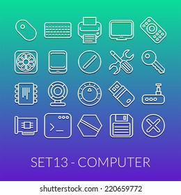Outline icons thin flat design, modern line stroke style, web and mobile design element, objects and vector illustration icons set 13 - computer collection