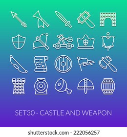 Outline icons thin flat design, modern line stroke style, web and mobile design element, objects and vector illustration icons  set 30 - castle and weapon collection