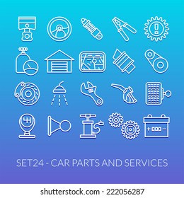 Outline icons thin flat design, modern line stroke style, web and mobile design element, objects and vector illustration icons set 24 - car parts and services collection