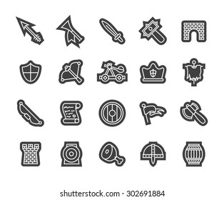Outline icons thin flat design, modern line stroke style, web and mobile design element, objects and vector illustration icons  set 30 - castle and wepon collection