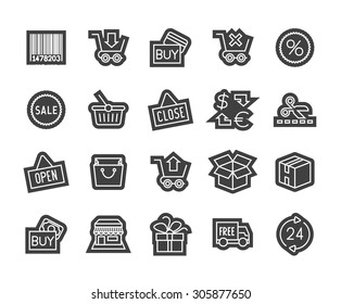 Outline icons thin flat design, modern line stroke style, web and mobile design element, objects and vector illustration icons set 20 - sales and retail collection