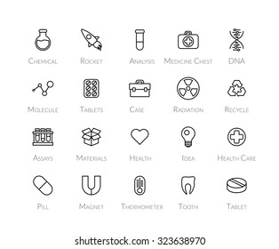 Outline icons thin flat design, modern line stroke style, web and mobile design element, objects and vector illustration icons set - science and medicine collection