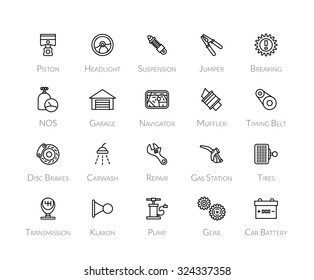 Outline icons thin flat design, modern line stroke style, web and mobile design element, objects and vector illustration icons set 24 - car parts and services collection