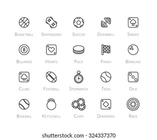 Outline icons thin flat design, modern line stroke style, web and mobile design element, objects and vector illustration icons set 12 - sport and game collection