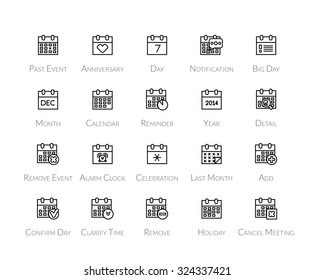 Outline icons thin flat design, modern line stroke style, web and mobile design element, objects and vector illustration icons set 16 - calendar collection