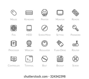 Outline icons thin flat design, modern line stroke style, web and mobile design element, objects and vector illustration icons set 13 - computer collection